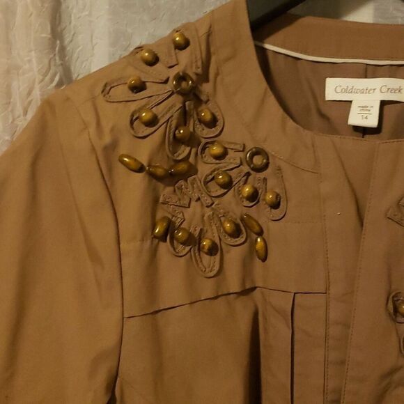Coldwater Creek Beaded Safari Jacket Size 14 Light Open Front Tan Cotton NWT - Picture 5 of 12